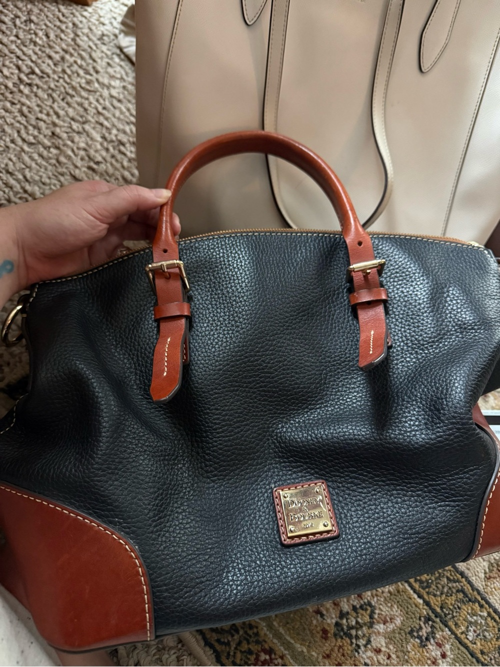 Dooney & Bourke Pebble Grain Black Leather Satchel with Brown Trim